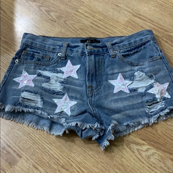 Forever 21 Eras Tour jean cut off shorts with sequins stars - Picture 3 of 7